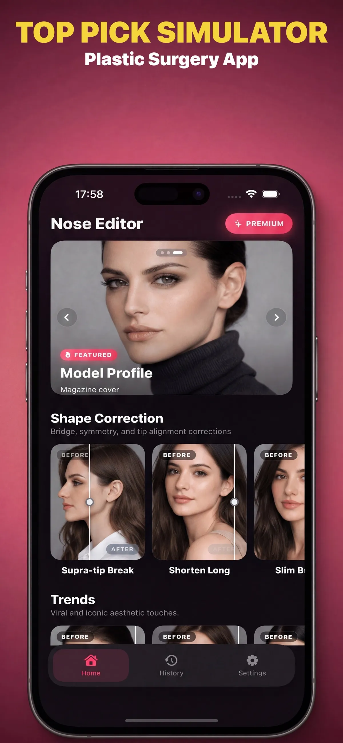 NoseLook home screen with a selfie and nose preview options