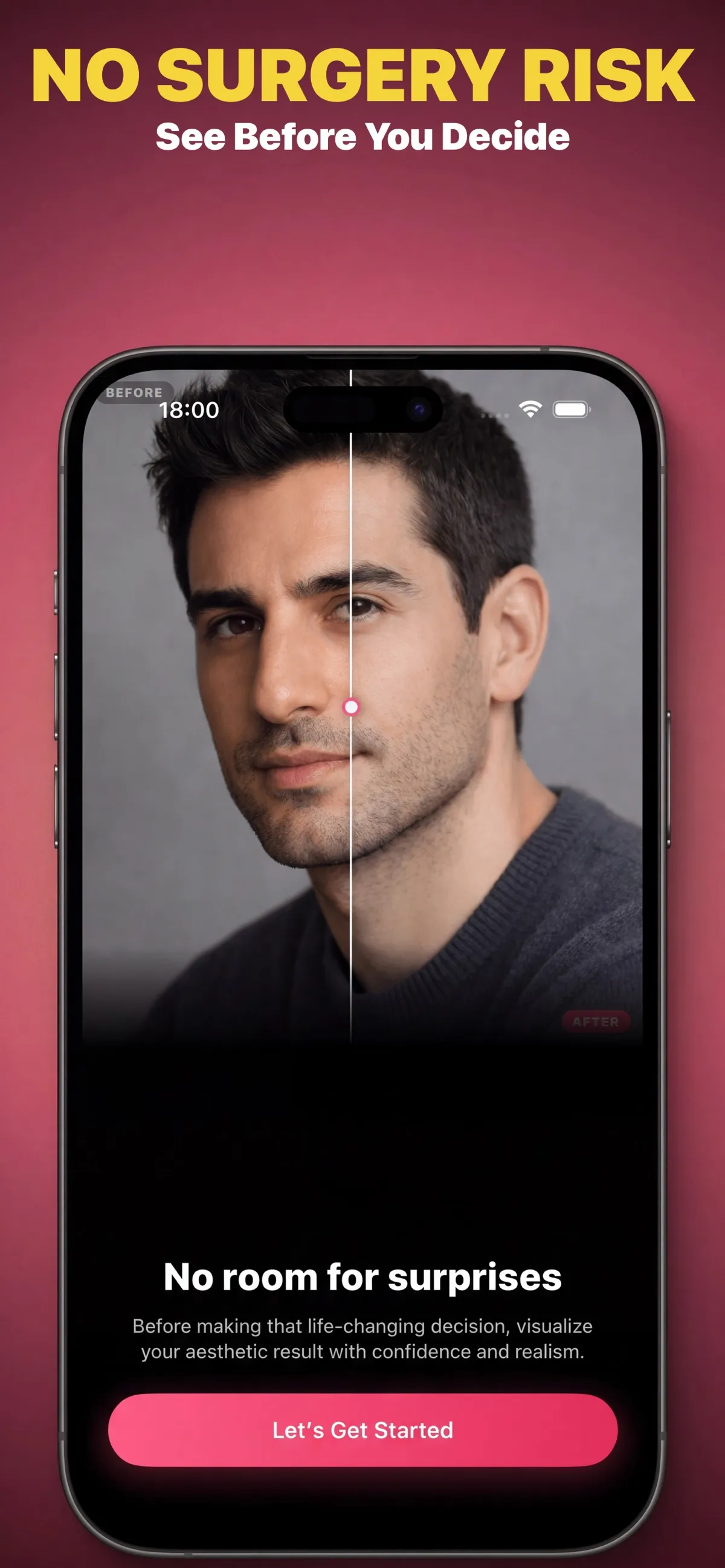NoseLook preview screen with a male portrait